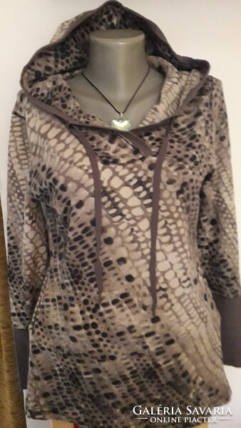 Gray Patterned Cotton Hoodie Long Sleeve Top XL