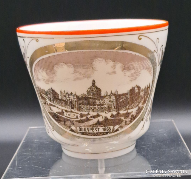Antik Budapest 1885 emlék porcelán csésze, Országos Általános Kiállítás, Iparcsarnok látképpel