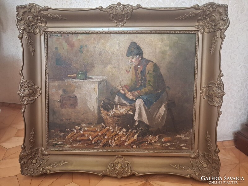 Hirváth G. Andor Kukorica morzsolás hibátlan olajfestmény, eredeti kertében, szignált, 64 x 54 cm