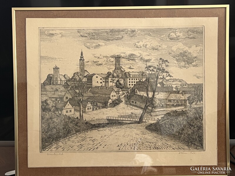 Deim Pál: Szentendre c. rézkarca, 45 x 35 cm