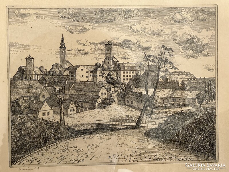 Deim Pál: Szentendre c. rézkarca, 45 x 35 cm