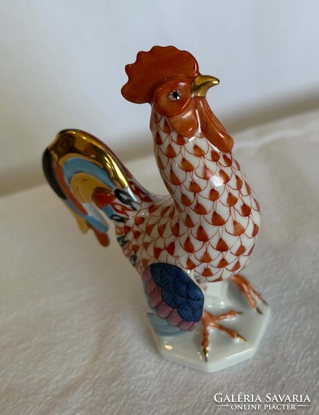 Herendi narancs pikkelyes, aranyozott kakas porcelán figura - 15014 - kézzel festett - 11 cm