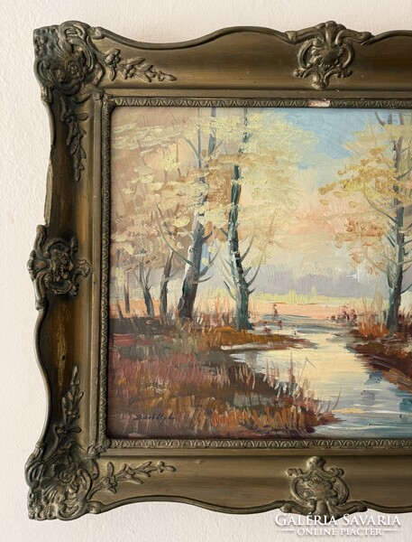 Borbély László - Őszi táj patakkal (olajfestmény fatáblán, blondel keretben) 40x50 / 53x63 cm