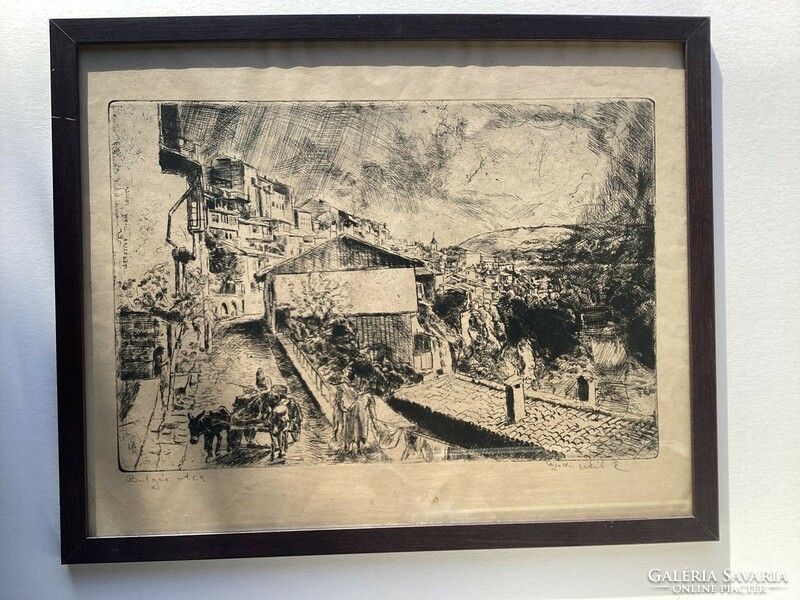 Etching Bulgarian Street by Erzsébet Weil Aszódi (1901-1976), in a glazed garden.