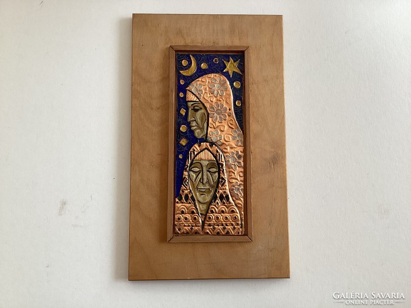 Copper wall picture with painted enamel decoration.