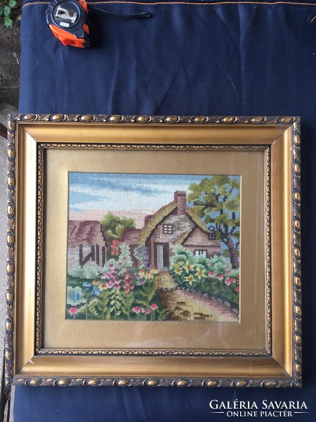Floral courtyard, Framed, glassed gobelin.
