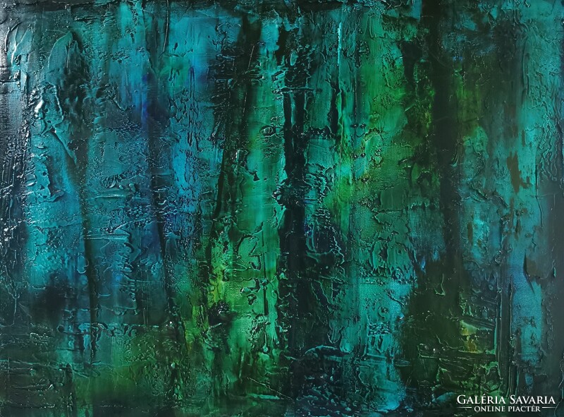Baján Ildikó festmény 80 x 60 cm. Láthatatlan erdő.