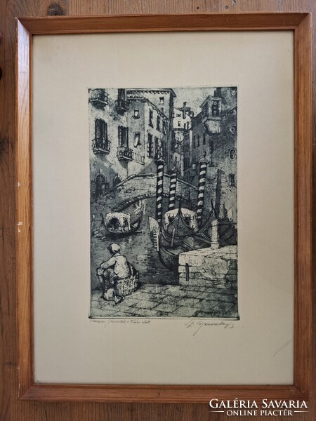 Szentgyörgyvári Gyenes Lajos Venezia gondolák a Frári előtt, rézkaarc levonat 33x21 cm, 54x41 cm,