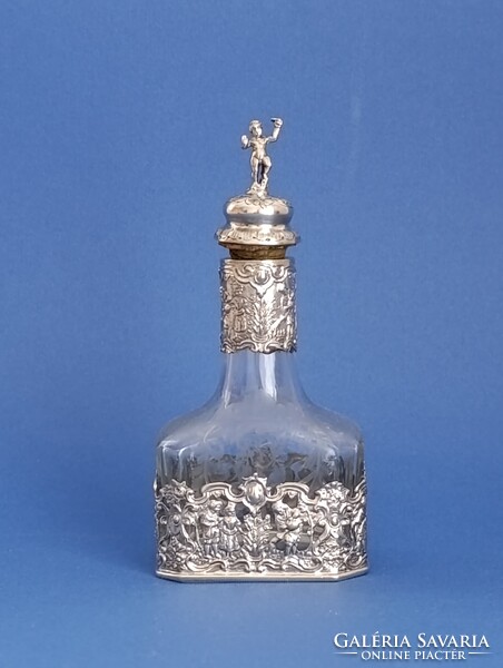 Hanau Storck&Sinsheimer ezüst gyógyszeres vagy likőrös üveg, Memento mori, 1890-1900