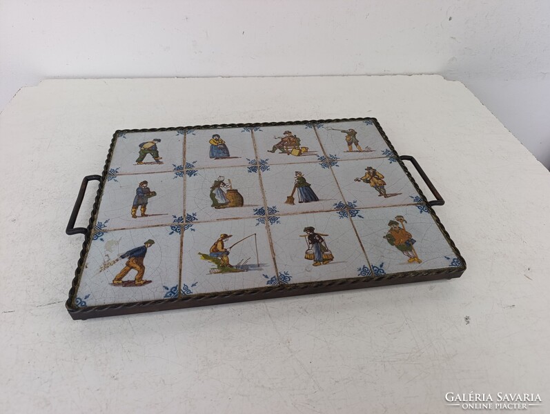 Antik csempe konyhai eszköz tálca 12 színes delft porcelán bronz szerelékkel munka motívum 361 7543