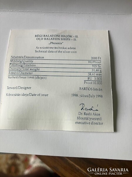 Ezüst emlékérem,Magyarország 2000.-ft 1998.Régi balatoni hajók.Ag:925,  31,46 grammm