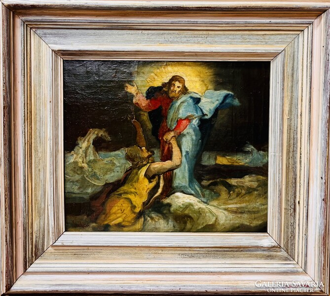Jézus a vízen jár festmény, 1900 körüli, olaj vászon, kerettel 50 x 56 cm, jbl.
