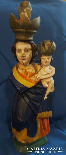 Antik festett fa szobor Madonna a gyermek Jézussal