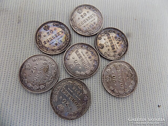 7 Russian 20 Kopecks, 1914, 1915, 1916, in extra condition.