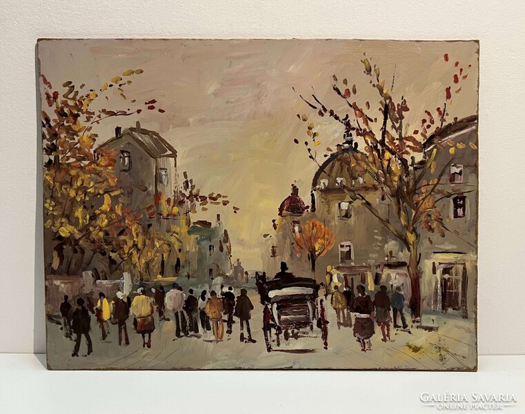 Bánfi József (1936-) Őszi nyüzsgés - budapesti utcakép ábrázolás