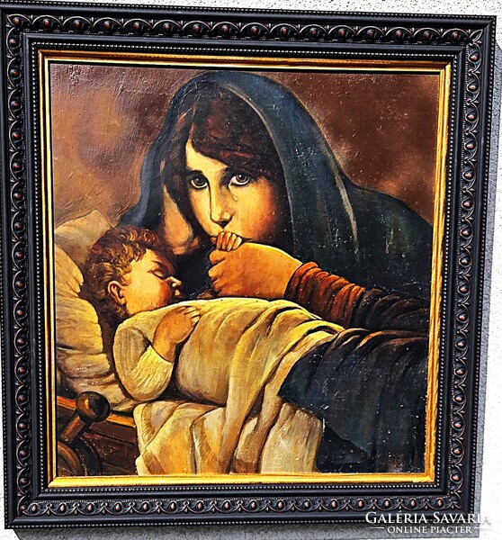 "Anya gyermekével"Ismeretlen  szignóval, csodálatosritka szép alkotás,64x58 olaj faroston