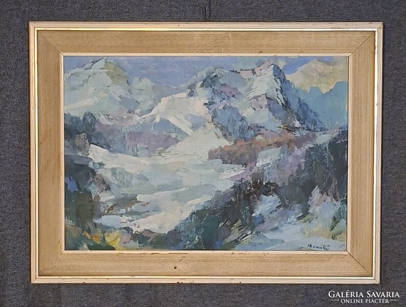1ft-ról! Jelzett,  számomra ismeretlen festőművész.  Tájkép a hegyekben.  Olaj/farost, 46x60cm