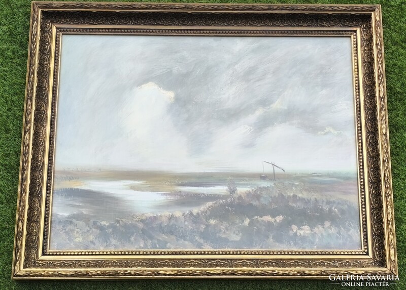 Szamosvári József - Alföld (60x80cm) EREDETI Képcsarnokos festmény gémeskúttal - címkével 1855