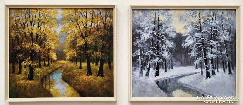 Markovich - Őszi és téli erdei patak - 60x50 olajfestmény pár, kerettel - retro