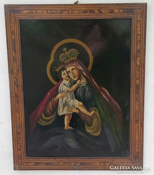 Görögkatolikus ikon /olaj ,vaslemezen/– intarziás tömörfa keretben, 19 század  77x62 cm
