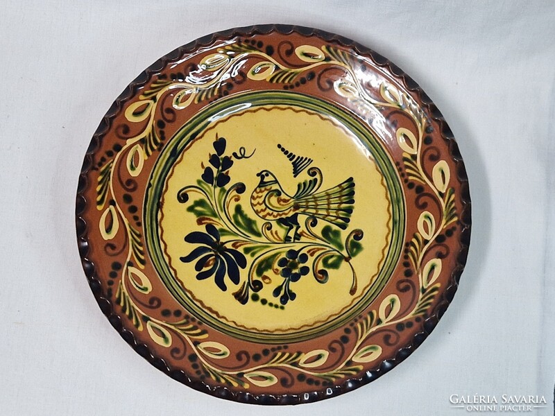 Large Hódmezővásárhely Bird-Painted Glazed Ceramic Bowl or Wall Decor, Perfect Condition, 30 cm