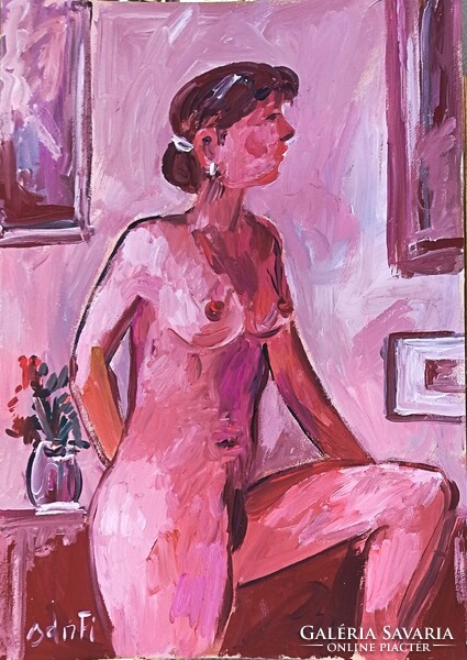 Festmény (A-31) - BÁNFI : NŐI AKT (olaj, karton, 35 x 50  cm)