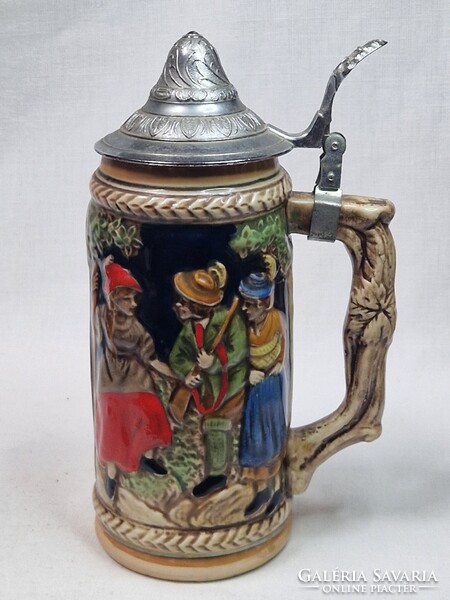 Beautiful signed embossed painted ceramic beer mug, 21 cm tall