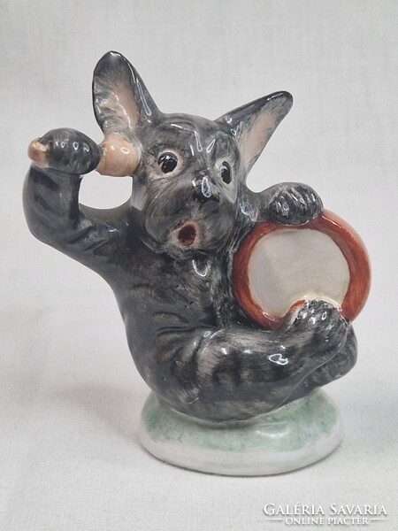 Rare Hollóházi hand-painted ceramic drumming dog figurine in perfect condition 10.5 cm.