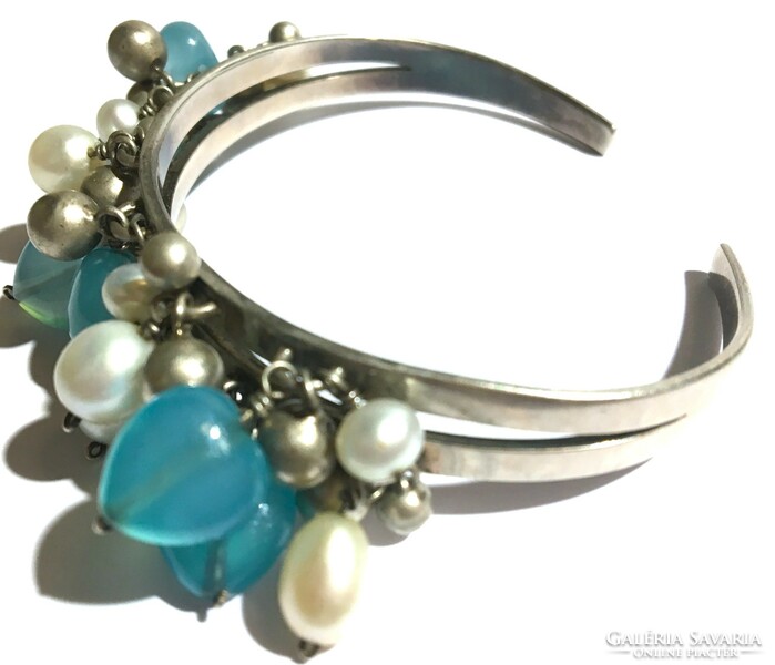 Silver Bracelet with Genuine Pearls and Turquoise Heart Gems, Hungarian Hallmark