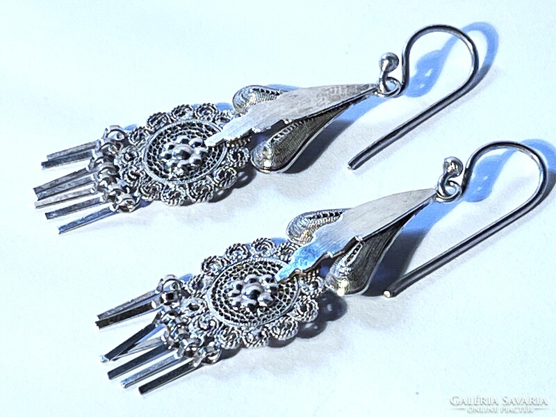 Antique Silver Earrings with Lace Pattern, Long Design