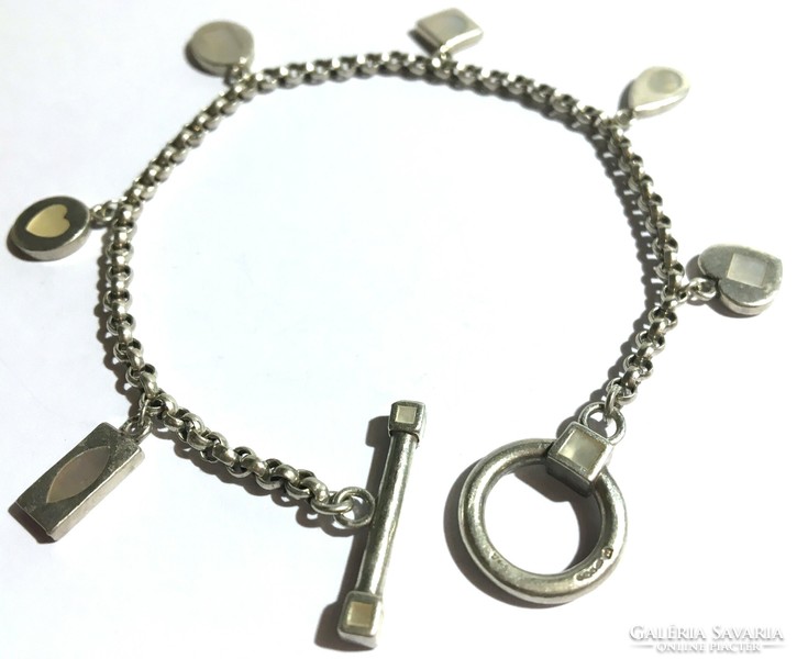 Unique Silver Bracelet with Mother-of-Pearl Inlays and Charm Decorations, T-clasp