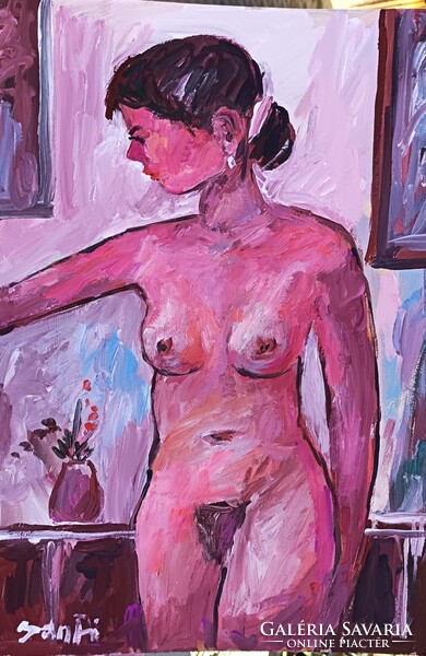 Festmény (A-32) - BÁNFI : NŐI AKT (olaj, karton, 35 x 50  cm)
