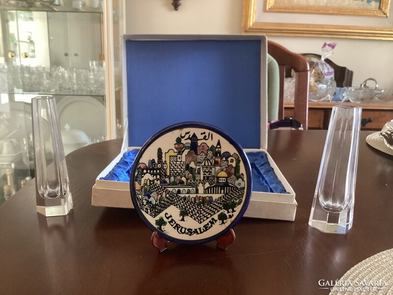 Jerusalem plate , hand painted enameled plate, signed on top