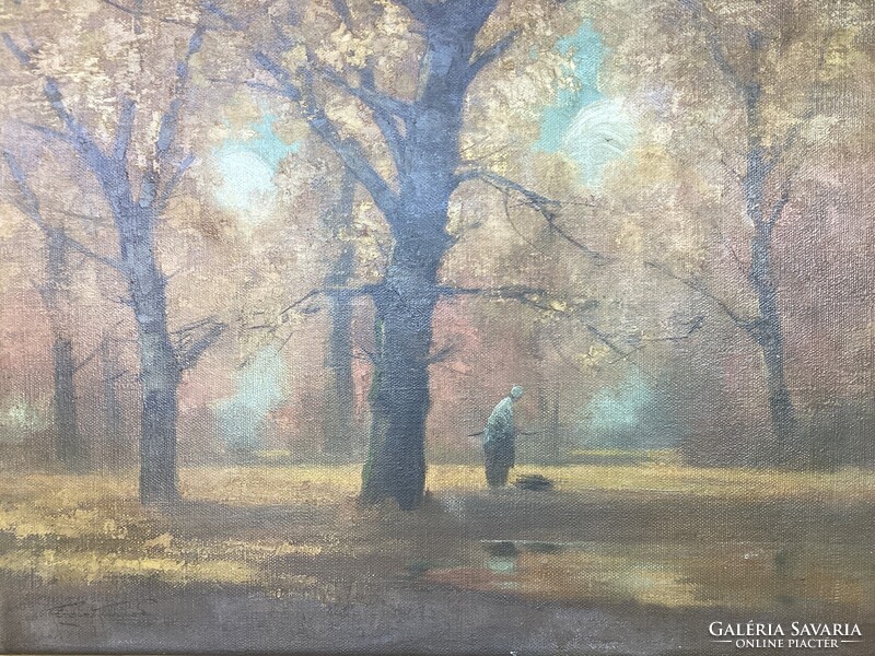 Kézdi Kovács László (1864 - 1942): Forest Scene with Rubbish Collector Woman
