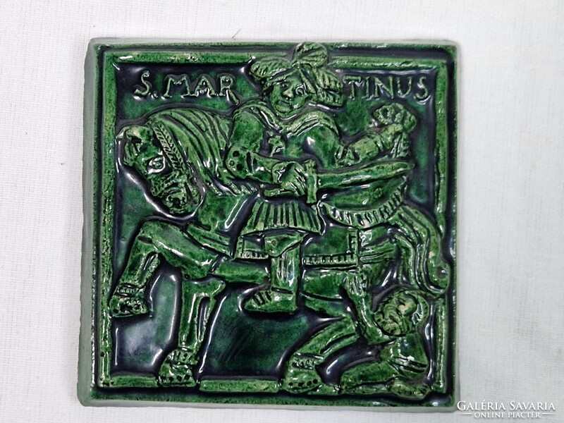 Green Glazed Embossed Ceramic Tile or Wall Panel in Perfect Condition 11 cm